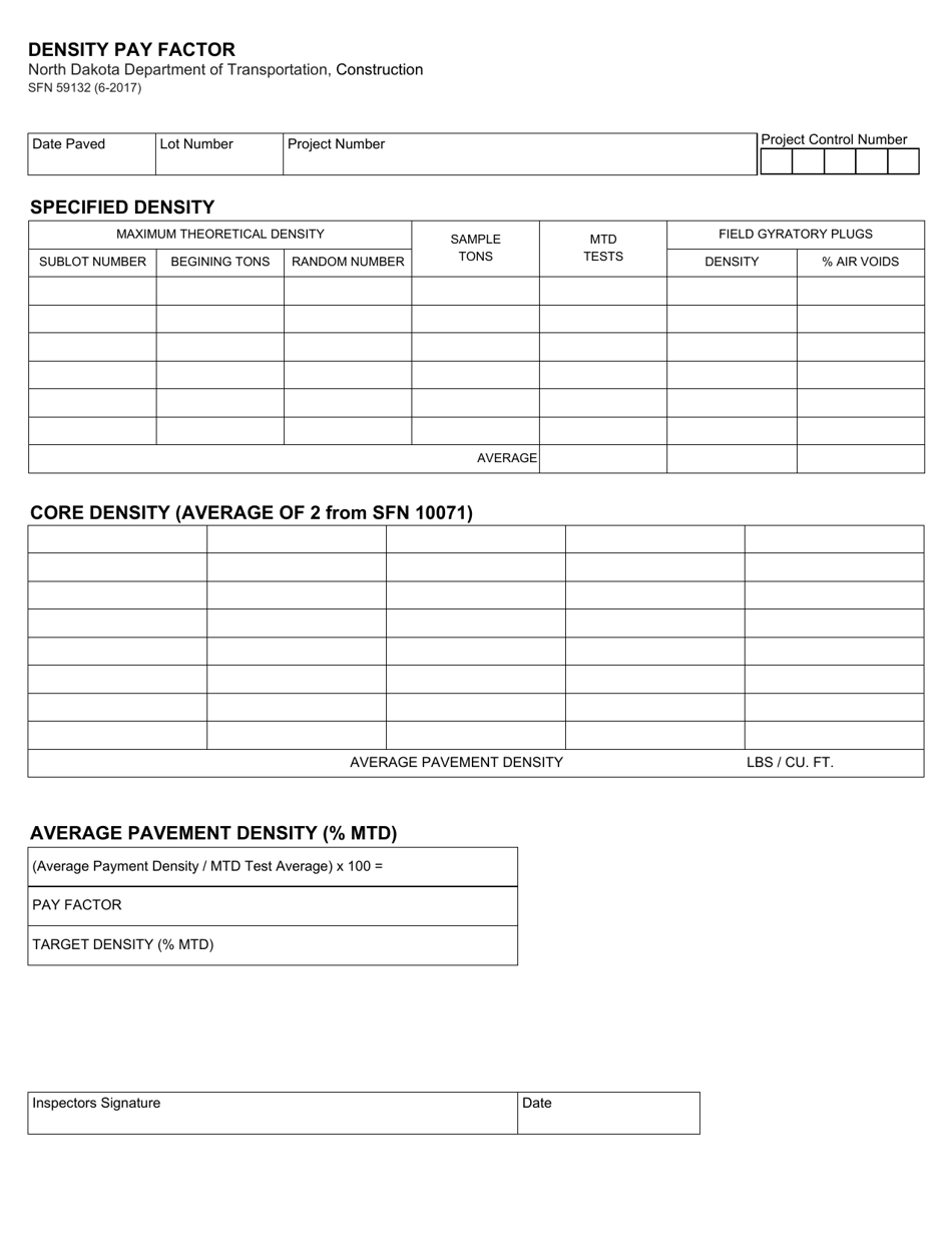 Form SFN59132 Density Pay Factor - North Dakota, Page 1