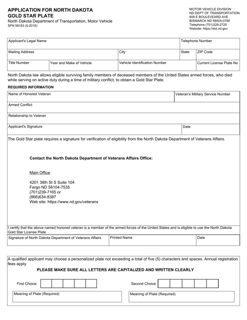 Form SFN59183 Application for North Dakota Gold Star Plate - North Dakota