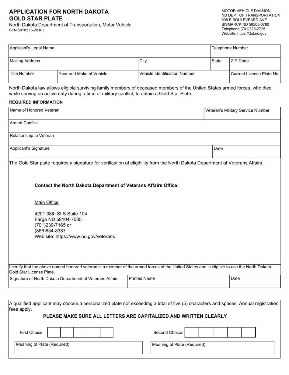 Form SFN59183 Application for North Dakota Gold Star Plate - North Dakota, Page 1