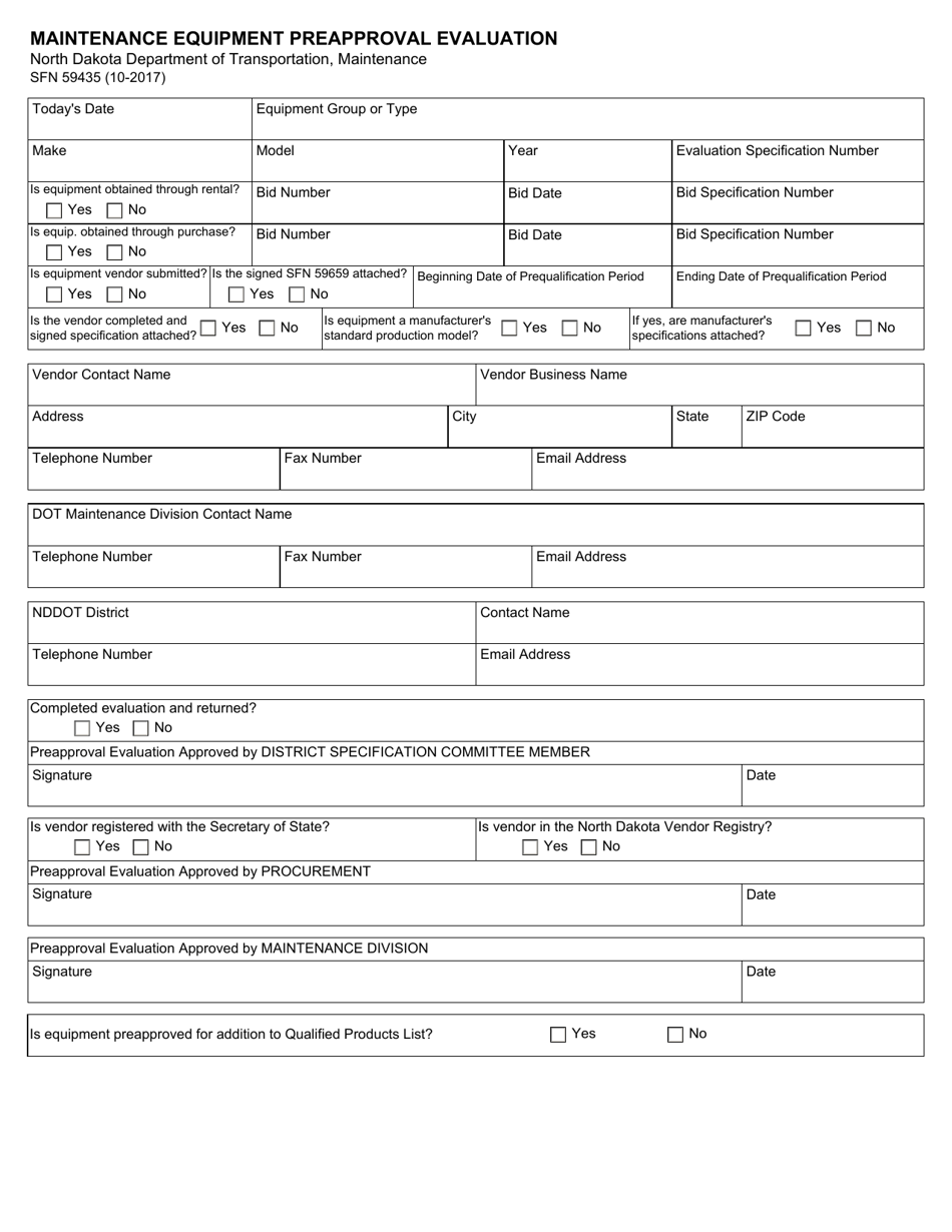 Form SFN59435 Maintenance Equipment Preapproval Evaluation - North Dakota, Page 1