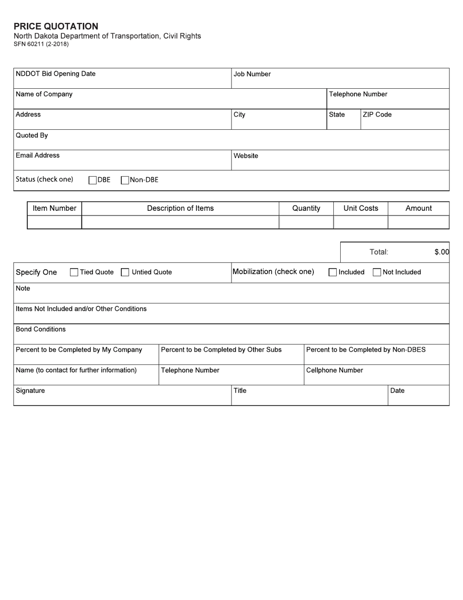 Form SFN60211 Price Quotation - North Dakota, Page 1