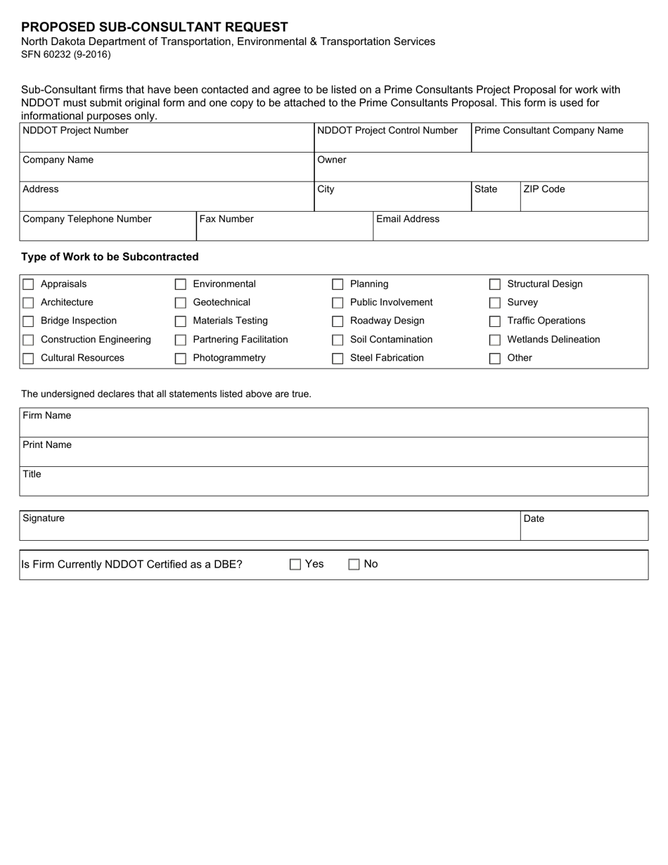 Form SFN60232 Proposed Sub-consultant Request - North Dakota, Page 1