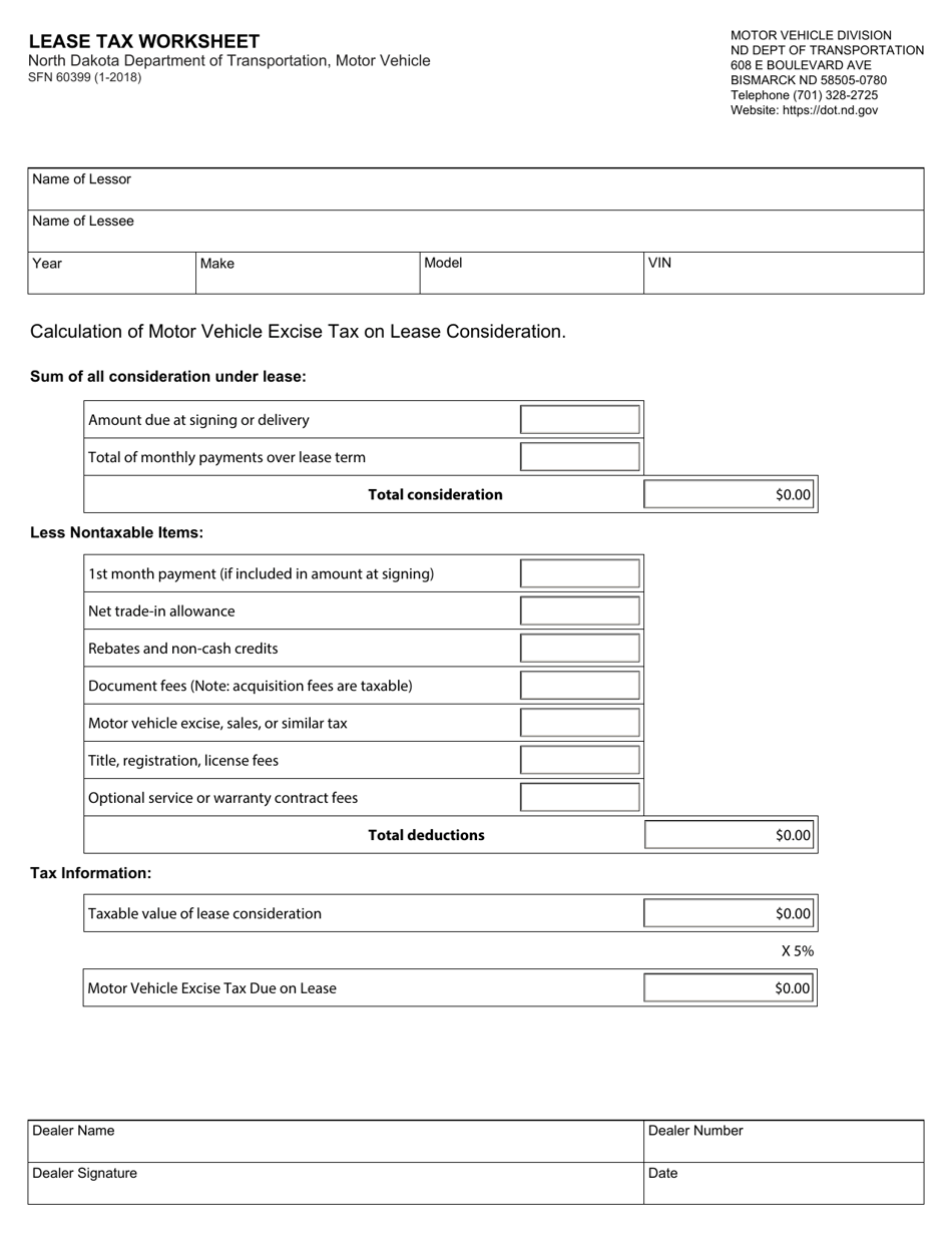 Form SFN60399 Lease Tax Worksheet - North Dakota, Page 1