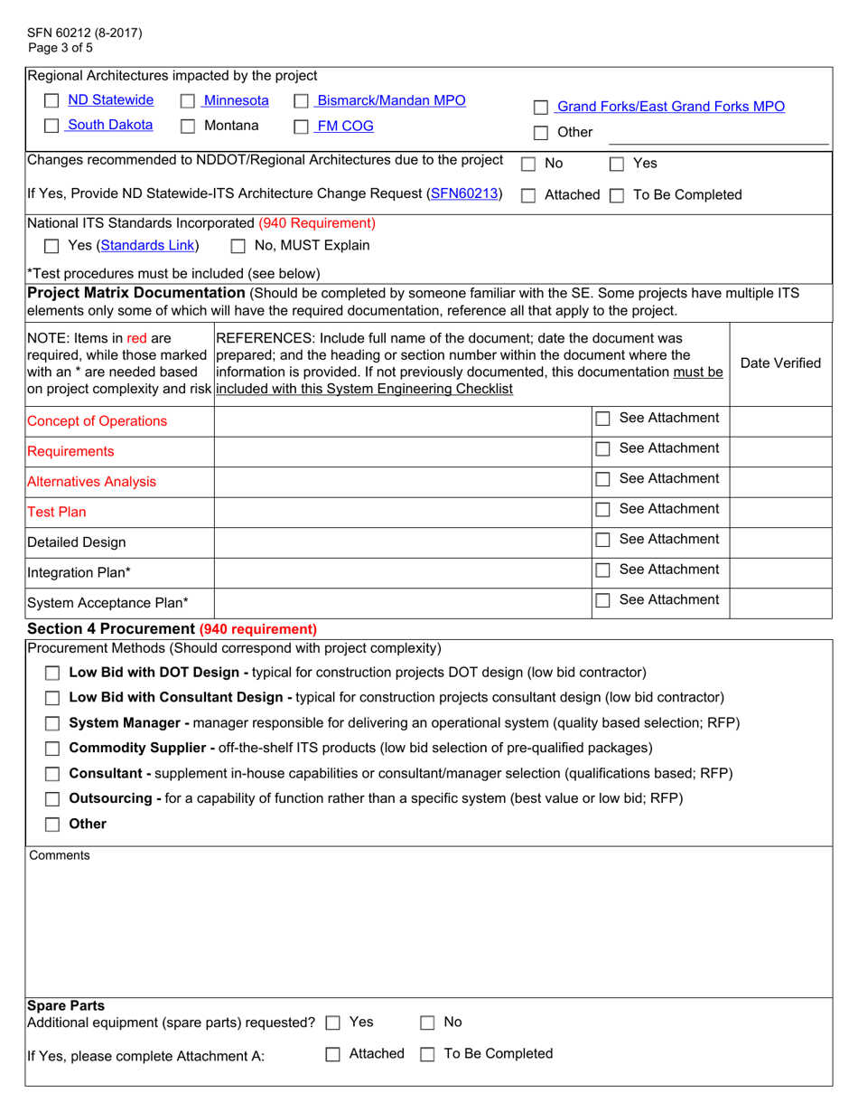 Form SFN60212 Nddot Its Project / Architecture Checklist, Systems Engineering Compliance - North Dakota, Page 3