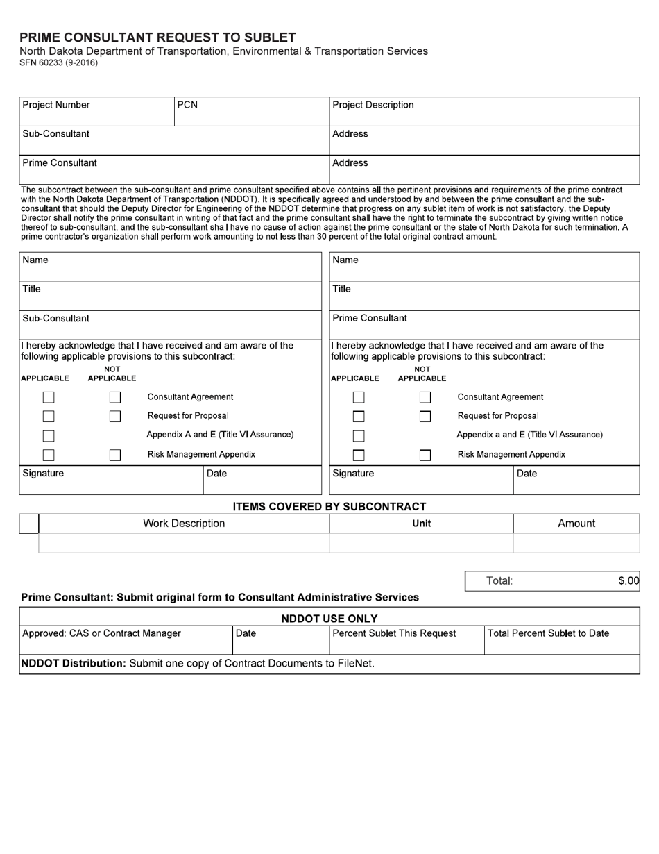 Form SFN60233 Prime Consultant Request to Sublet - North Dakota, Page 1
