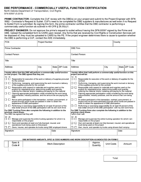 Form SFN60597 Dbe Performance - Commercially Useful Function Certification - North Dakota