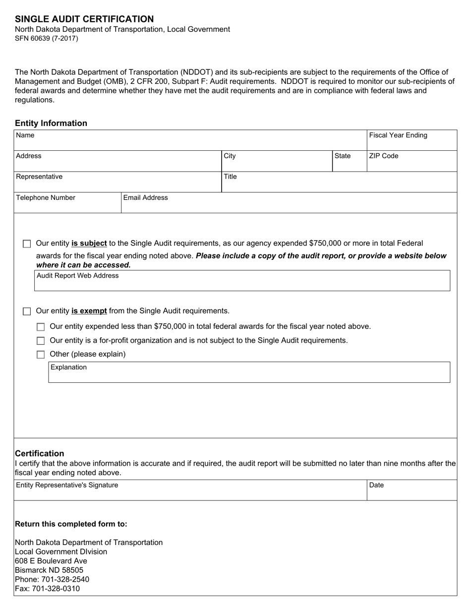 Form SFN60639 Single Audit Certification - North Dakota, Page 1