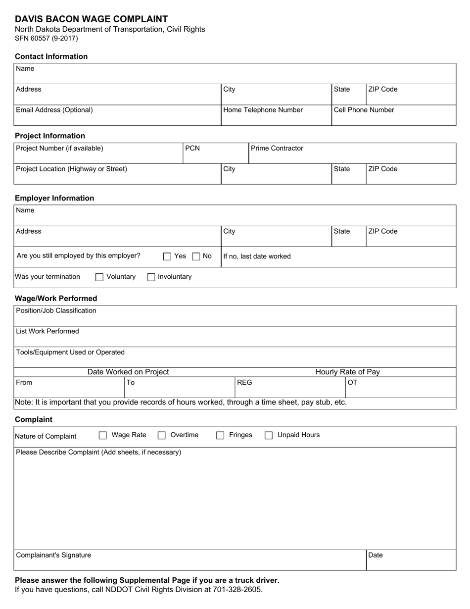Form SFN60557 Davis Bacon Wage Complaint - North Dakota, Page 1