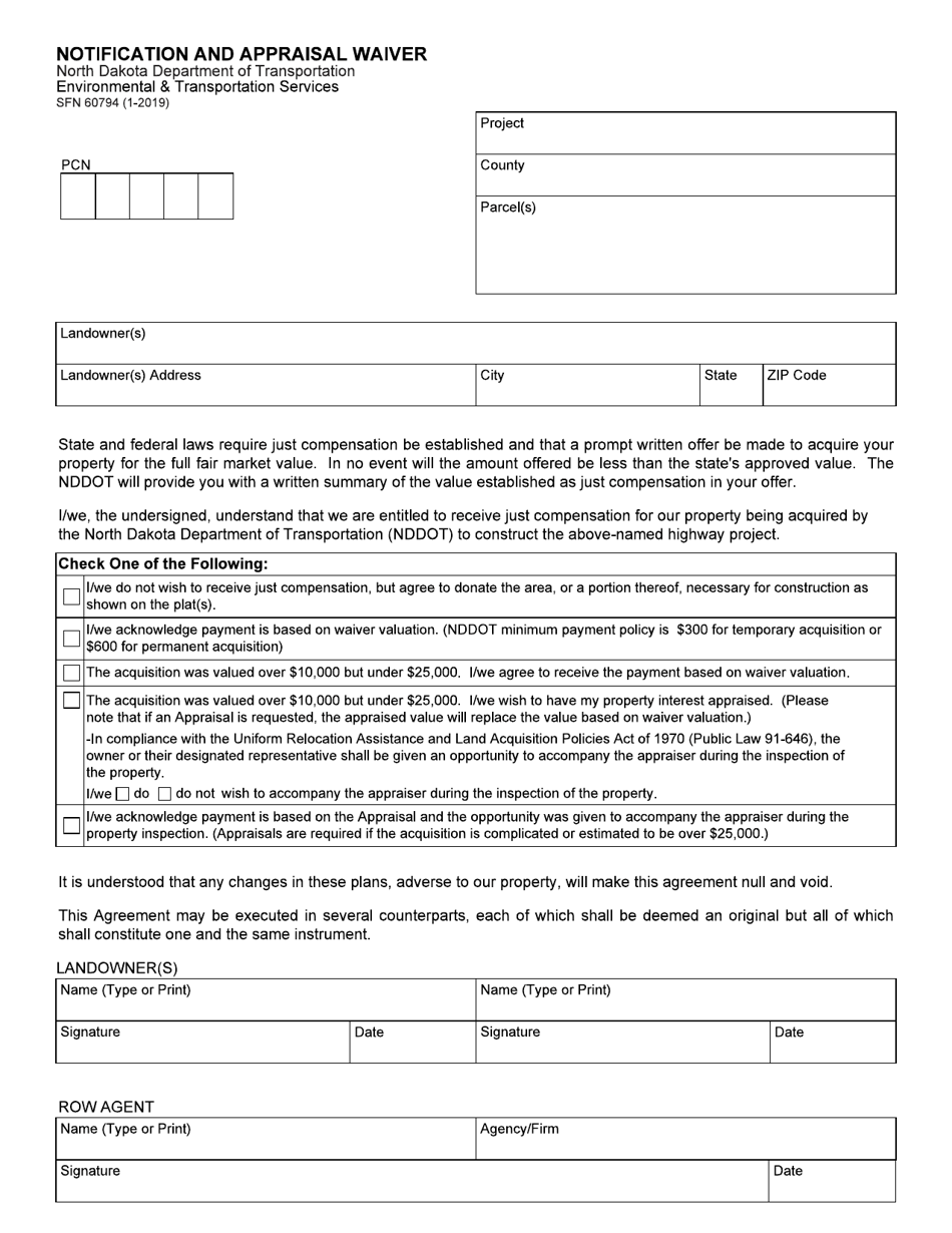 Form SFN60794 Notification and Appraisal Waiver - North Dakota, Page 1