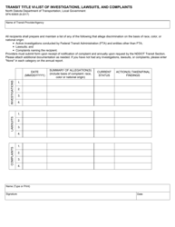 Document preview: Form SFN60805 Transit Title VI-List of Investigations, Lawsuits, and Complaints - North Dakota