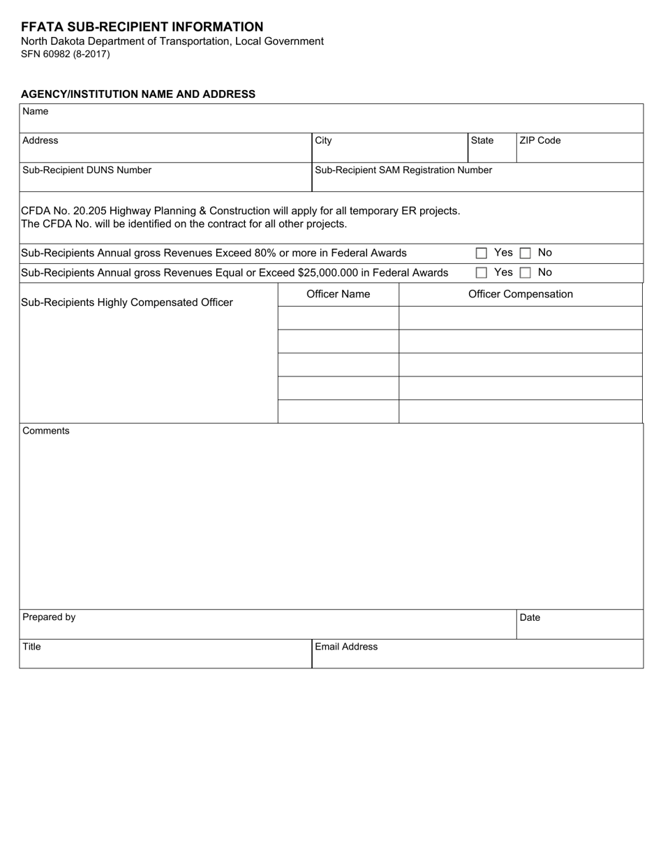 Form SFN60982 Ffata Sub-recipient Information - North Dakota, Page 1