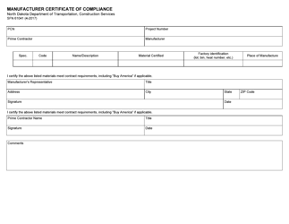 Document preview: Form SFN61041 Manufacturer Certificate of Compliance - North Dakota