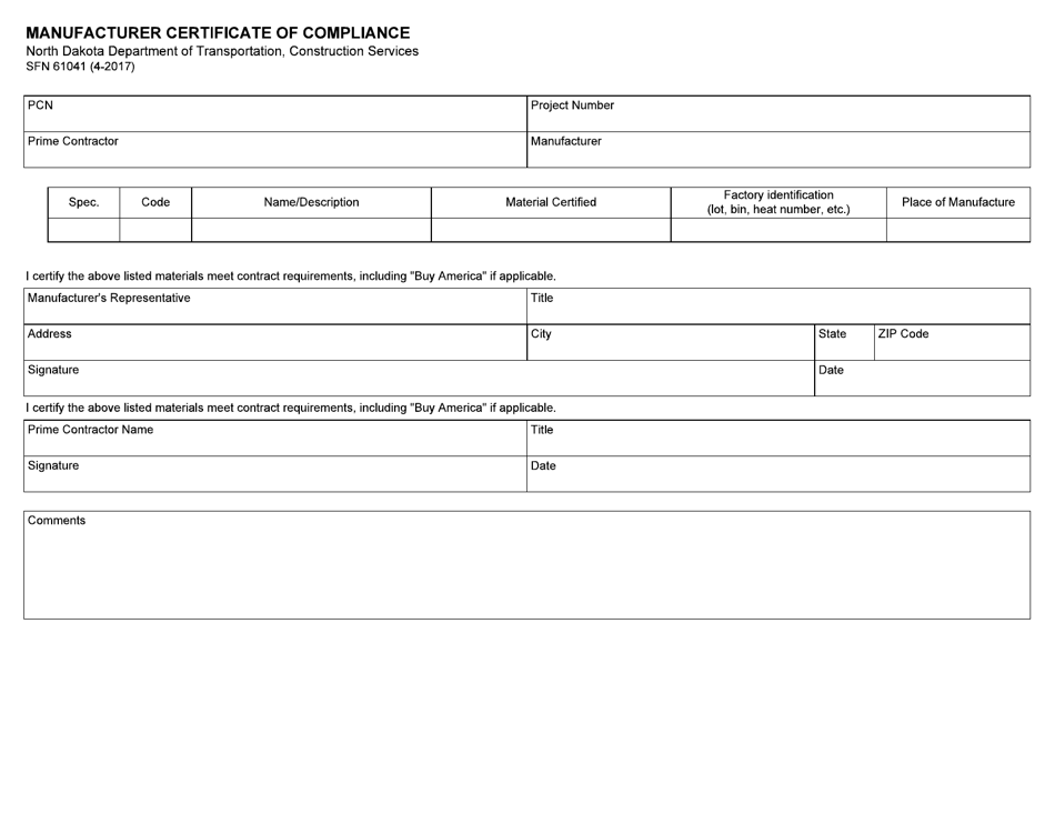 Form SFN61041 Manufacturer Certificate of Compliance - North Dakota, Page 1