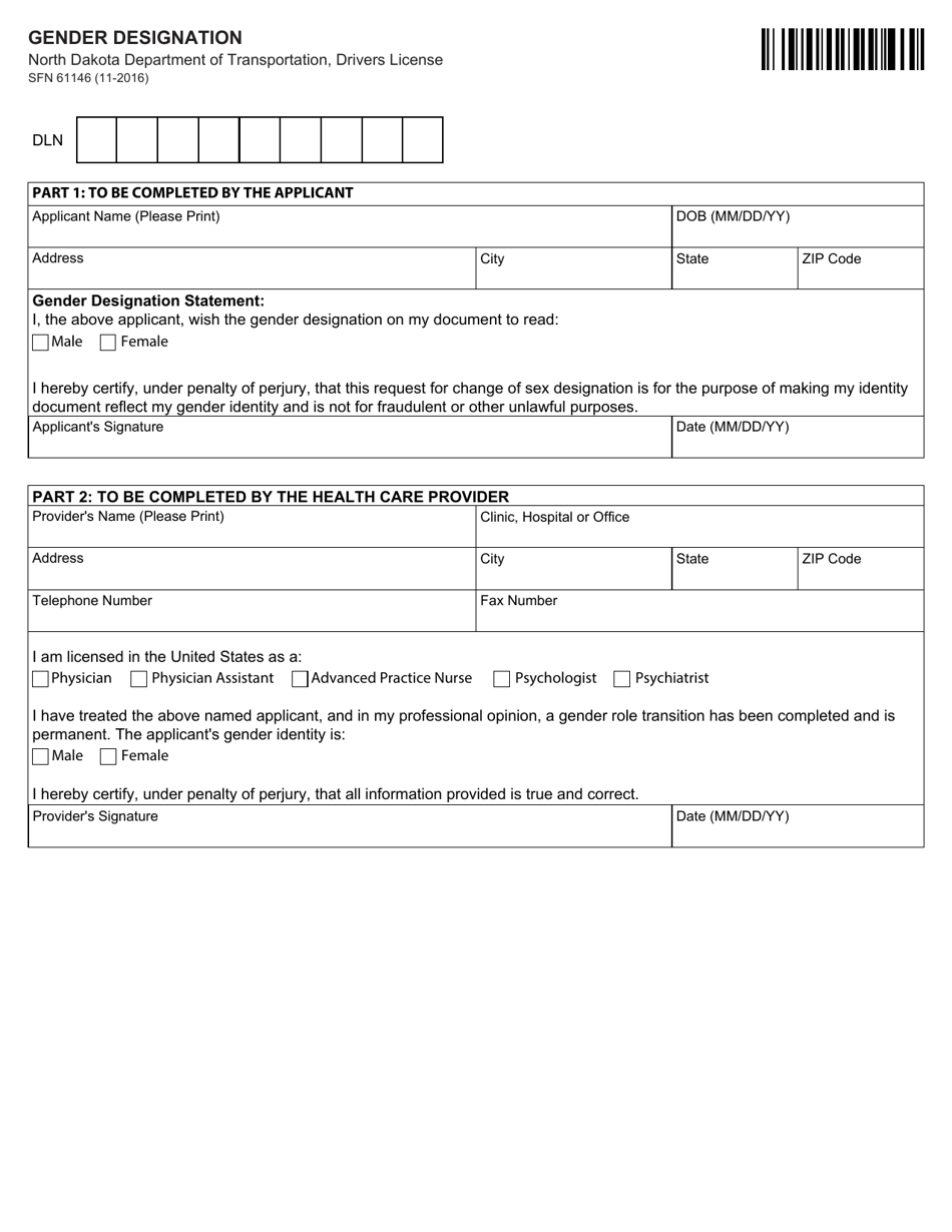 Form SFN61146 Gender Designation - North Dakota, Page 1