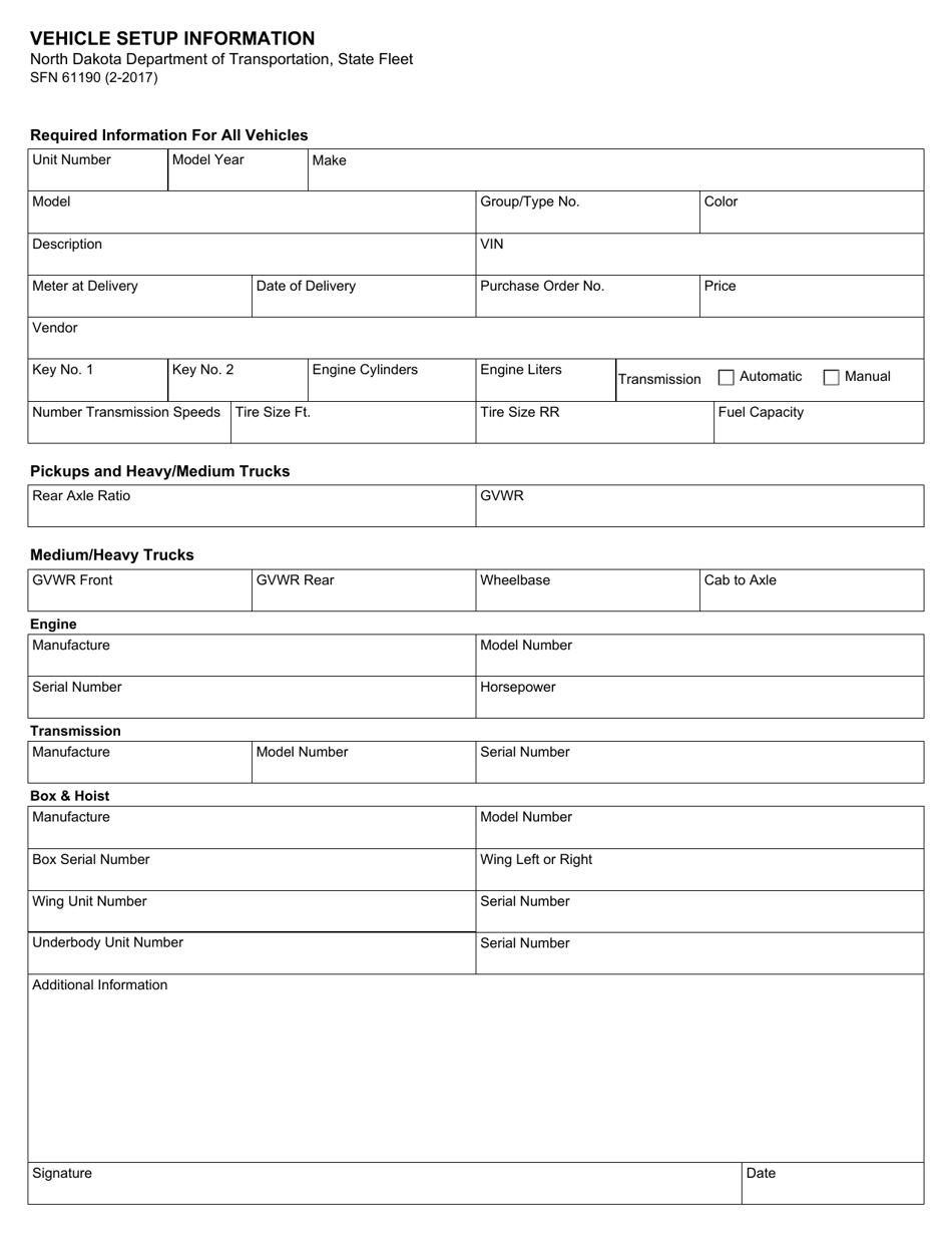 Form SFN61190 Vehicle Setup Information - North Dakota, Page 1