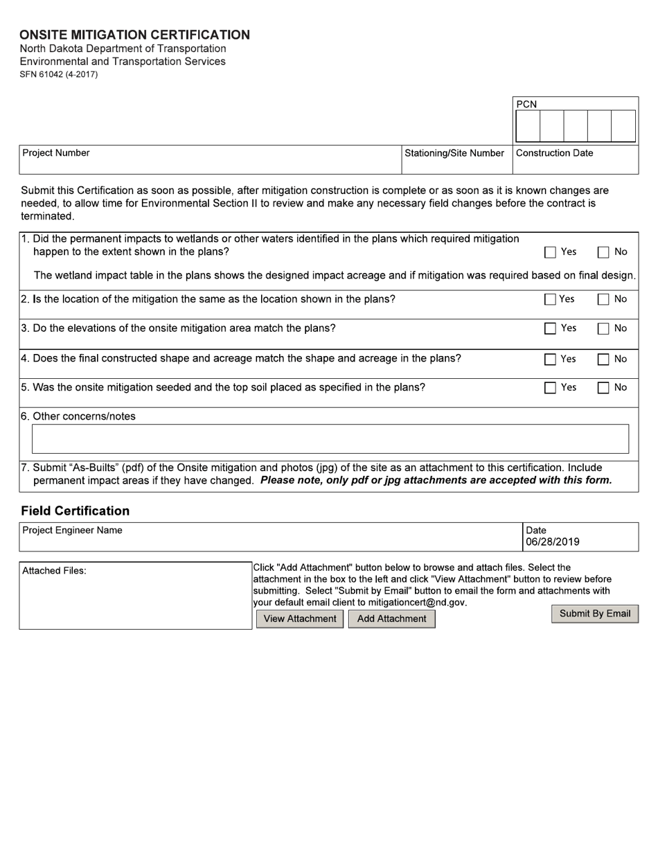 Form SFN61042 Onsite Mitigation Certification - North Dakota, Page 1