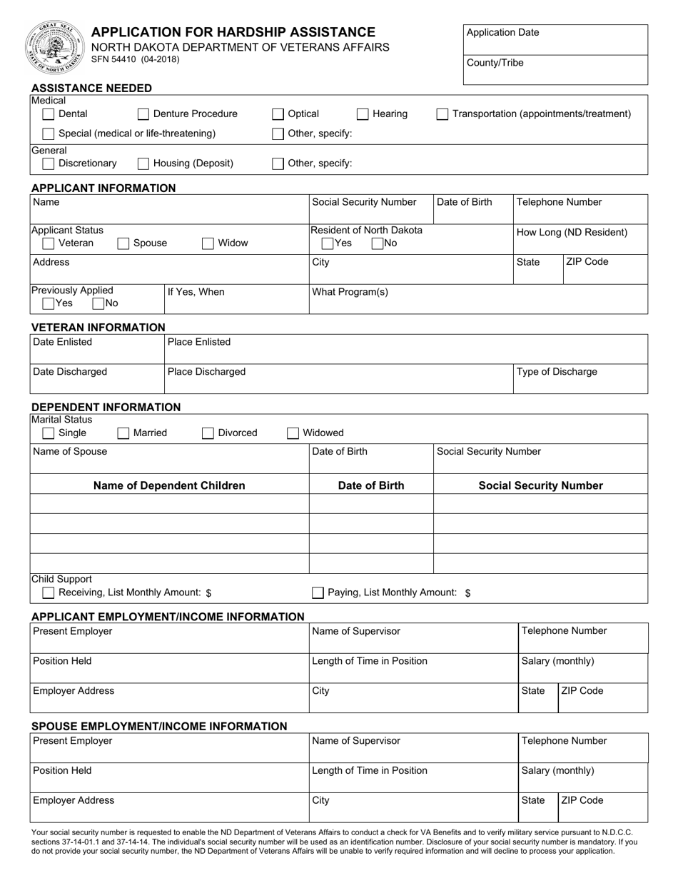 Form SFN54410 Application for Hardship Assistance - North Dakota, Page 1