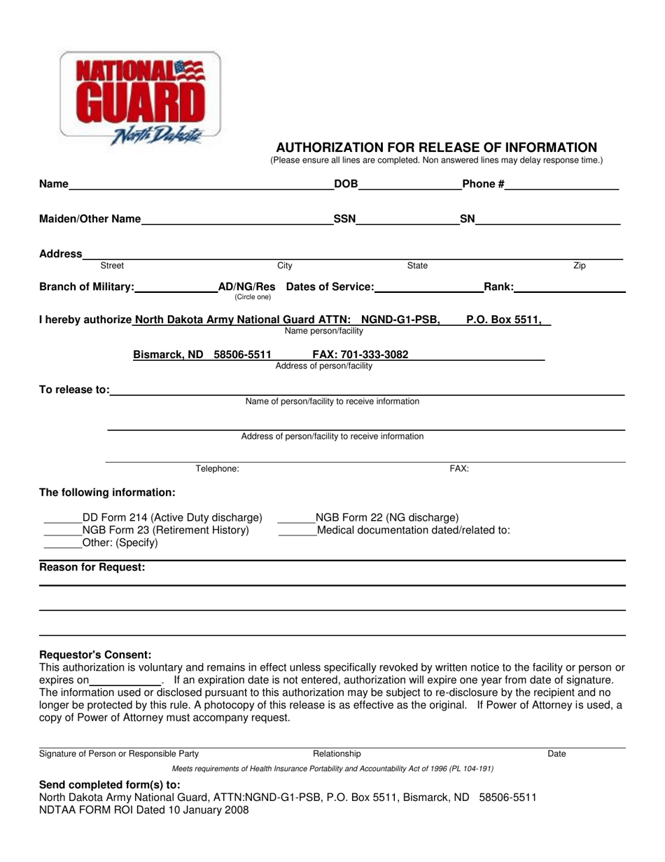 North Dakota Authorization for Release of Information National Guard