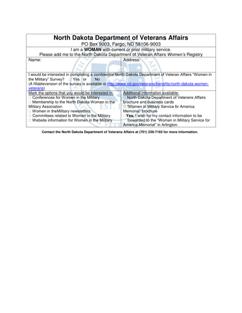 North Dakota Department of Veteran Affairs Women's Registry Card - North Dakota Download Pdf