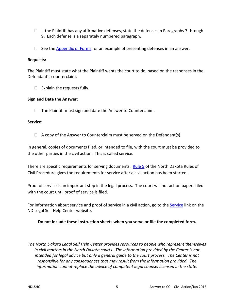 Answer to Counterclaim - Civil Action - North Dakota, Page 5