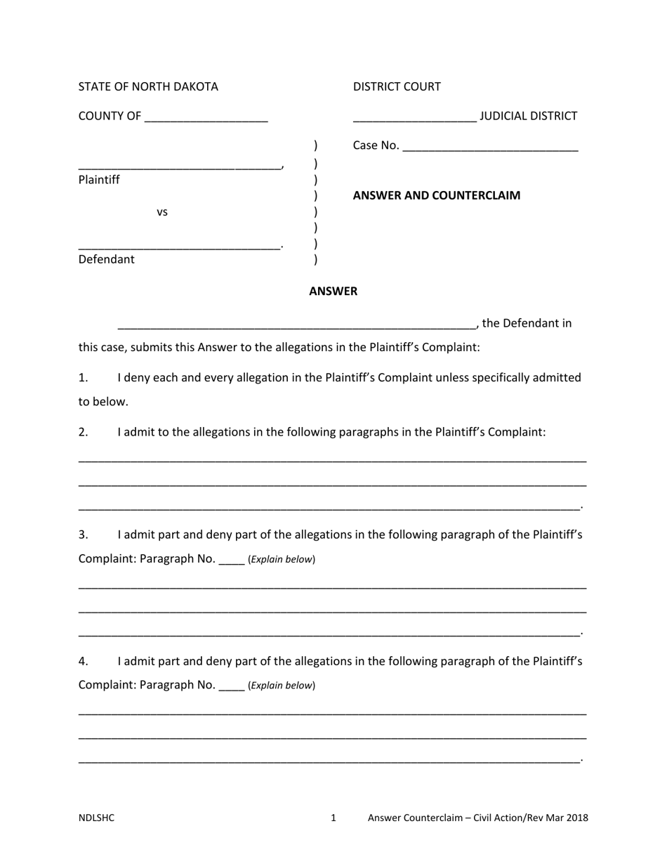 North Dakota Answer and Counterclaim - Civil Action - Fill Out, Sign ...