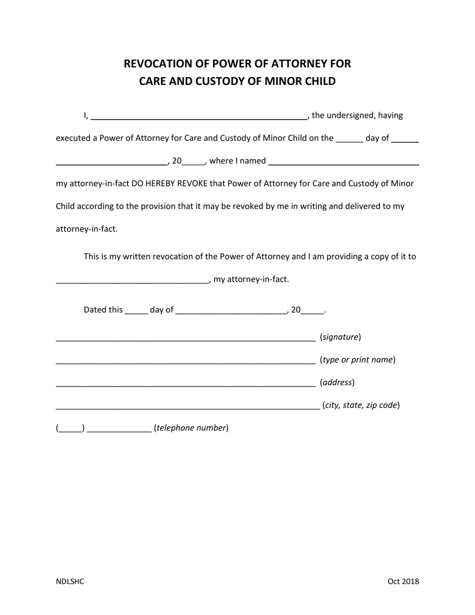 Revocation of Power of Attorney for Care and Custody of Minor Child - North Dakota, Page 1