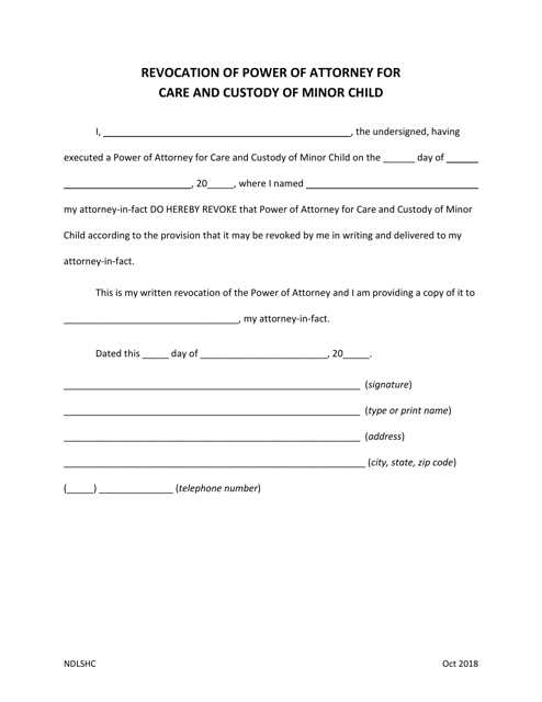 Revocation of Power of Attorney for Care and Custody of Minor Child - North Dakota Download Pdf