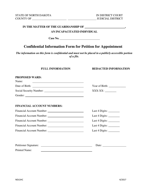Confidential Information Form for Petition for Appointment - North Dakota