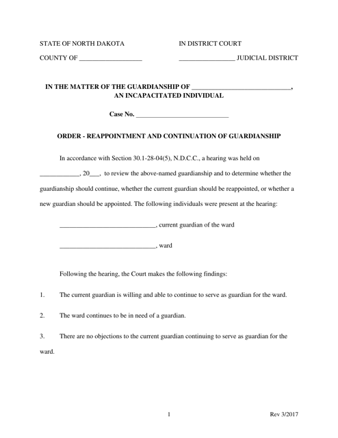Order - Reappointment and Continuation of Guardianship - North Dakota