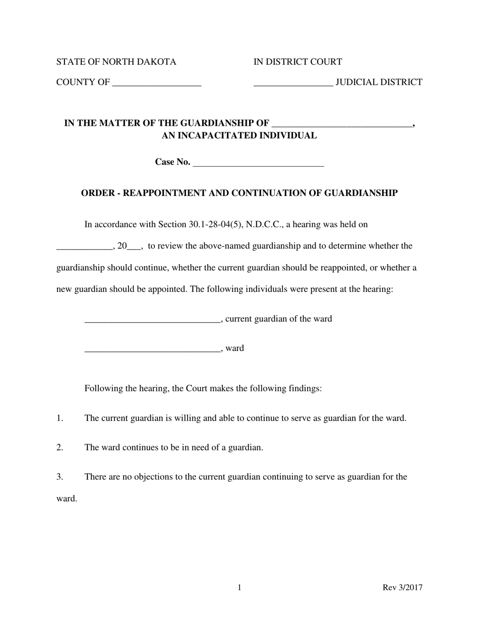 Order - Reappointment and Continuation of Guardianship - North Dakota, Page 1