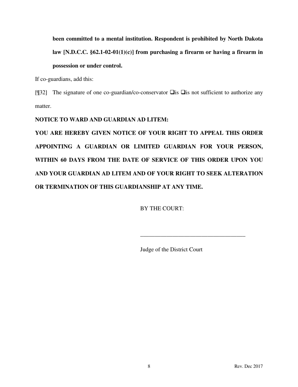 Findings of Fact and Order Appointing Successor Guardian / Co-guardians Following Review - North Dakota, Page 8