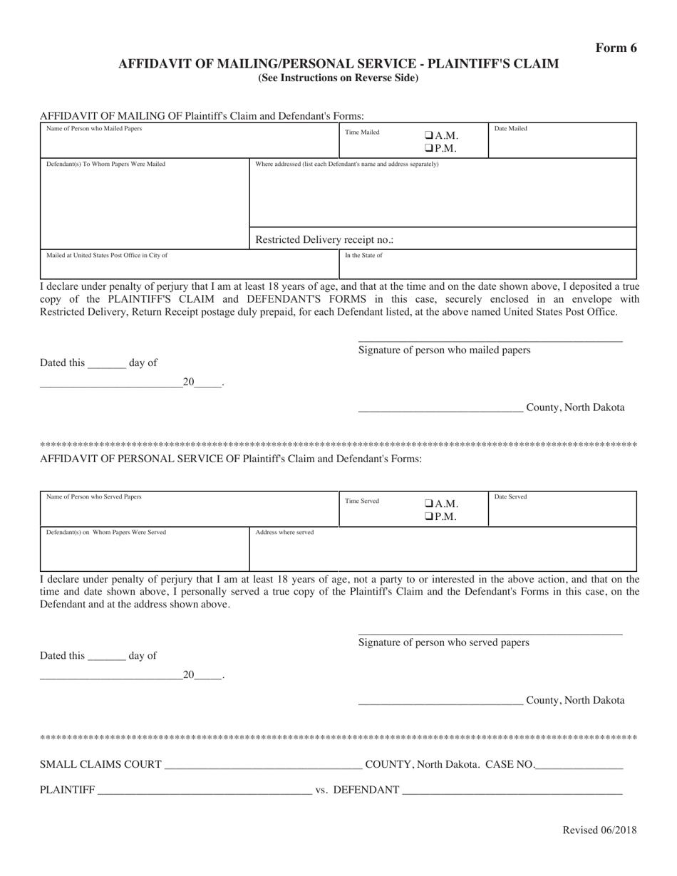 Form 6 Affidavit of Mailing / Personal Service - Plaintiffs Claim - North Dakota, Page 1