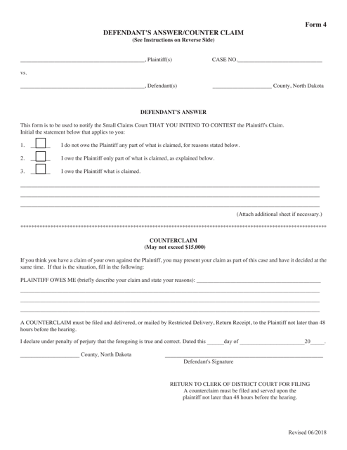 Form 4 Defendant's Answer/Counter Claim - North Dakota