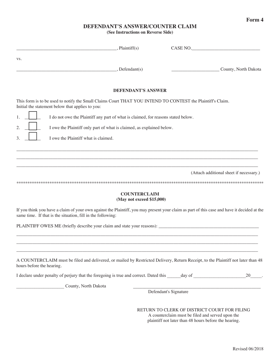 Form 4 Defendants Answer / Counter Claim - North Dakota, Page 1