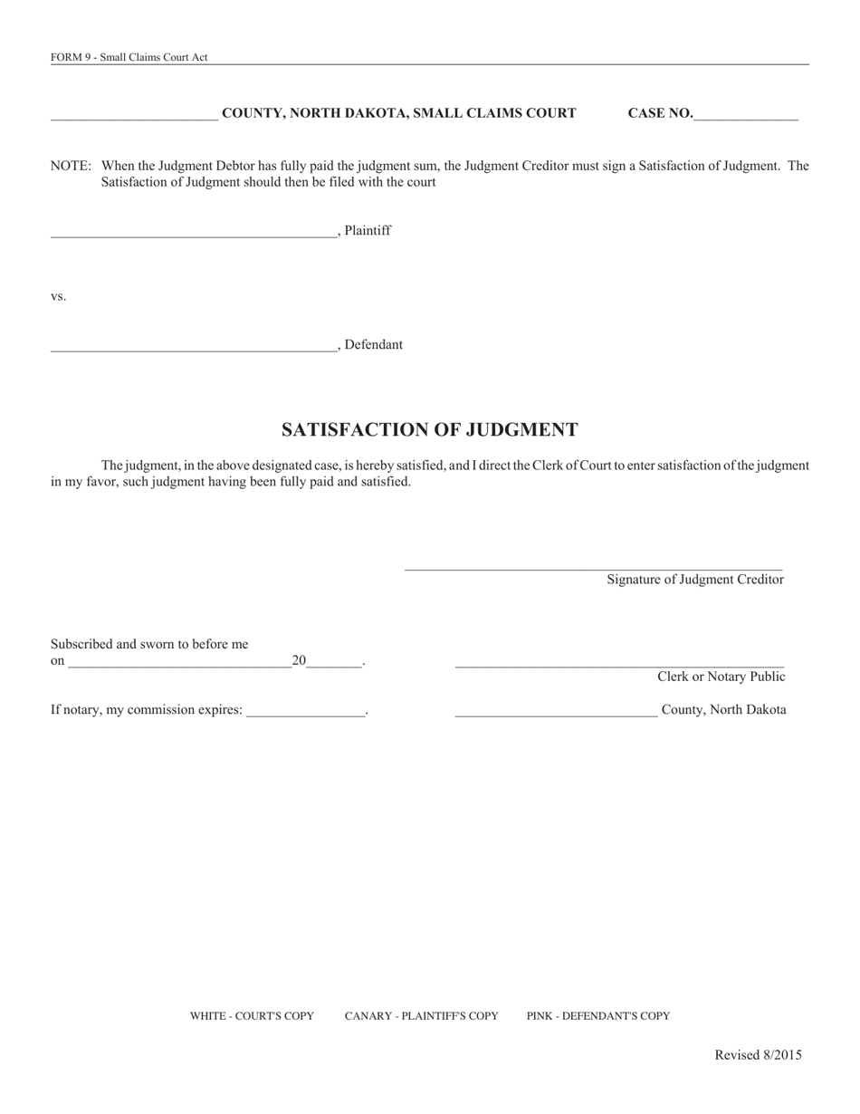 Form 9 Satisfaction of Judgment - North Dakota, Page 1