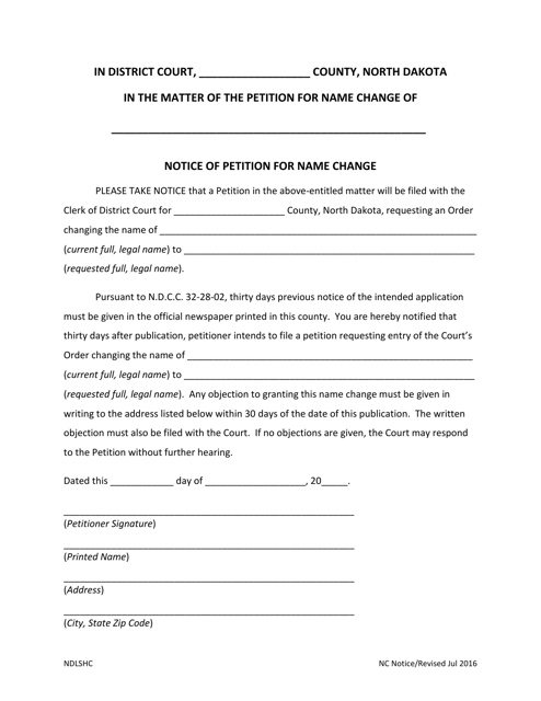 Notice of Petition for Name Change - North Dakota Download Pdf