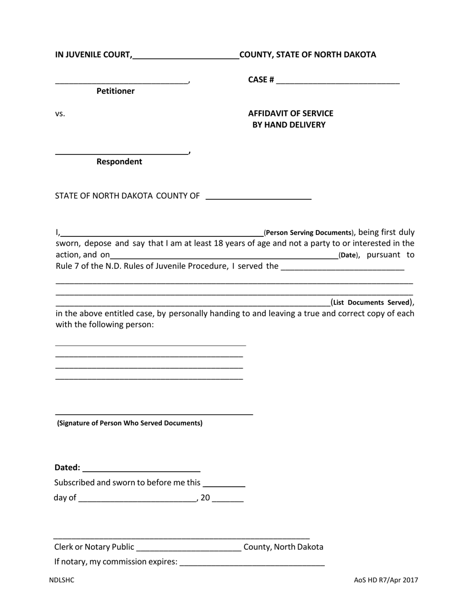Affidavit of Service by Hand Delivery - North Dakota, Page 1