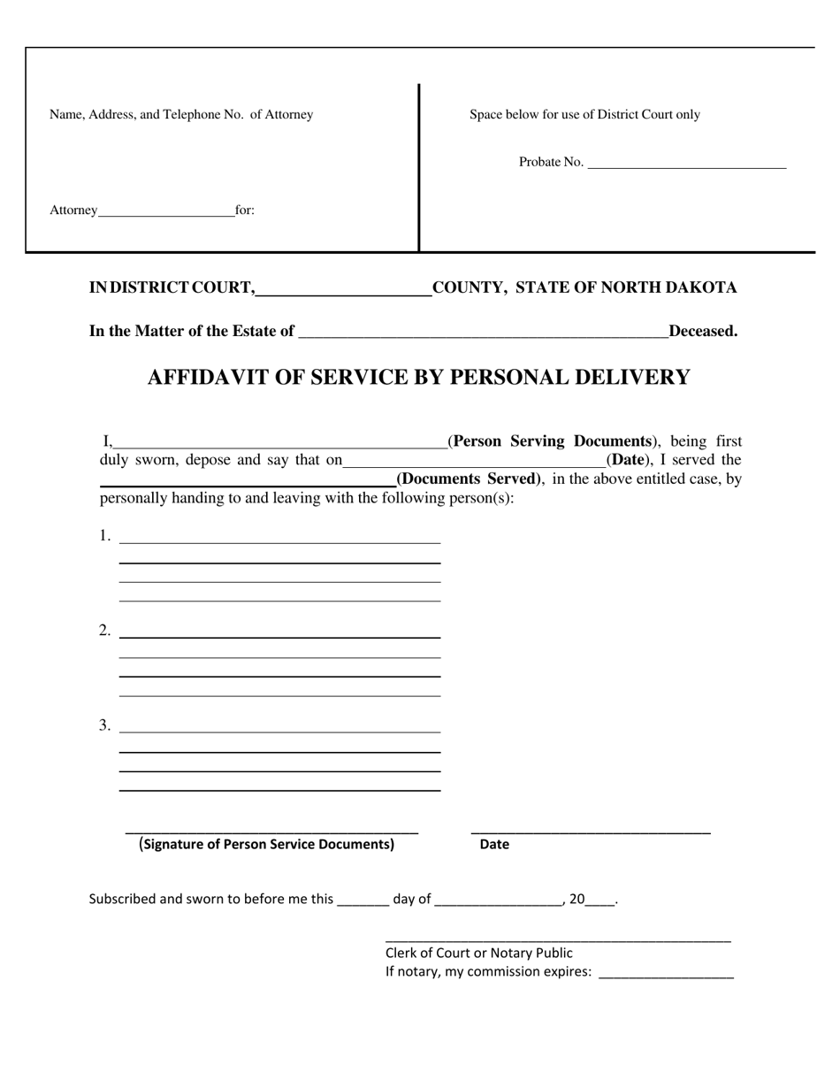 Affidavit of Service by Personal Delivery - North Dakota, Page 1