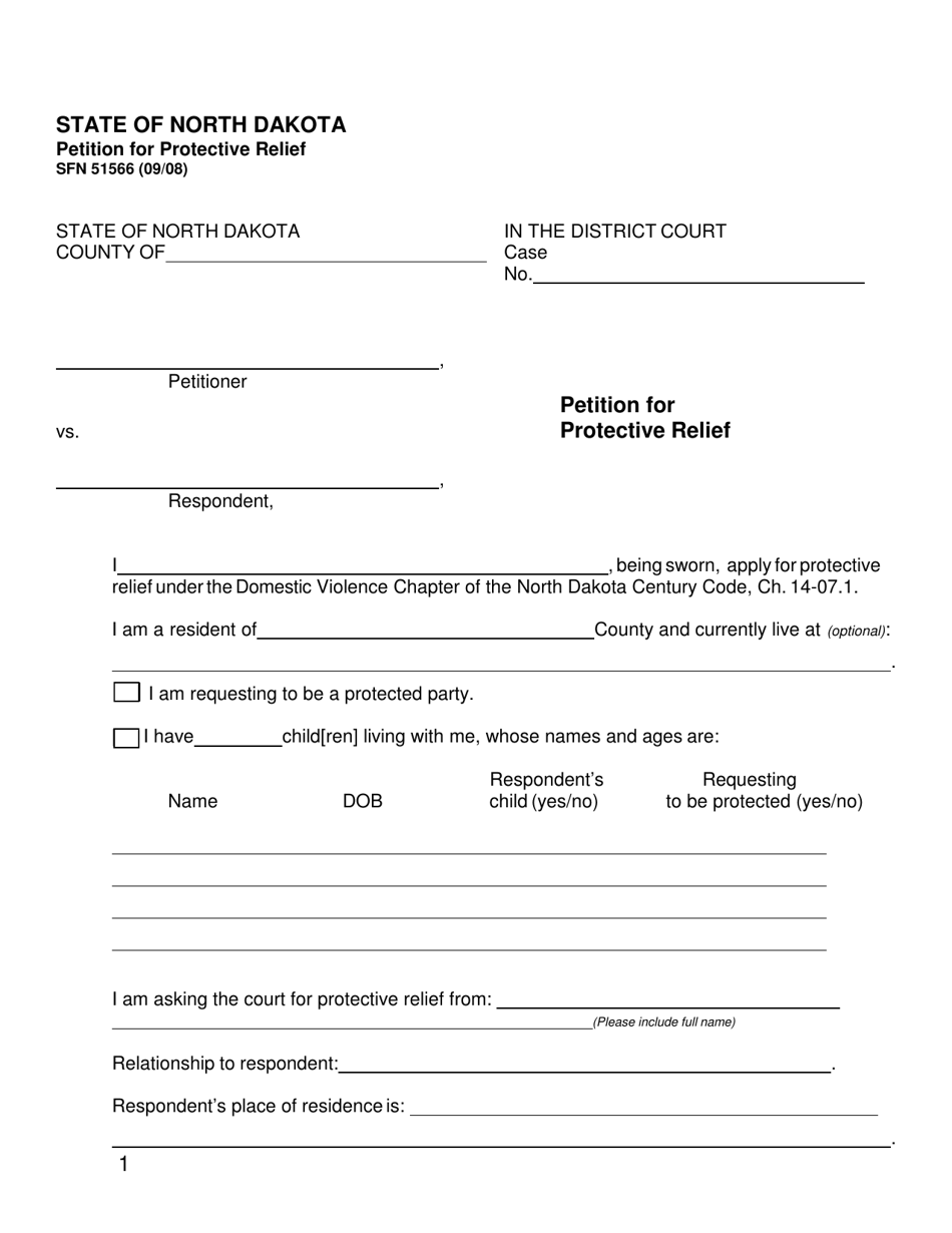 Form SFN51566 Petition for Protective Relief - North Dakota, Page 1