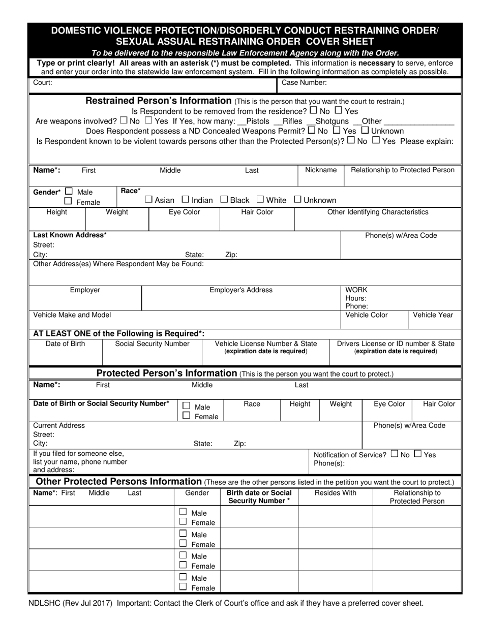 Domestic Violence Protection / Disorderly Conduct Restraining Order / Sexual Assual Restraining Order Cover Sheet - North Dakota, Page 1