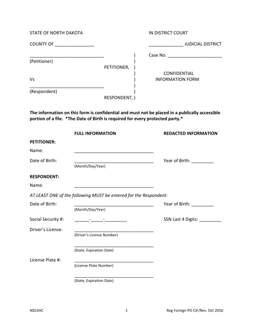Confidential Information Form for Registration of Out-of-State or Tribal Court Protection Order - North Dakota