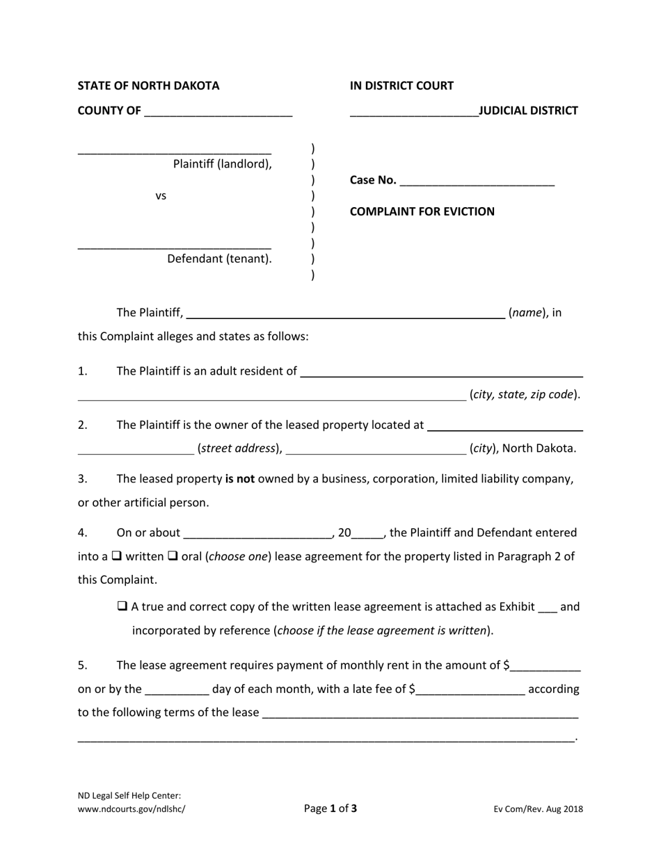 Complaint for Eviction - North Dakota, Page 1