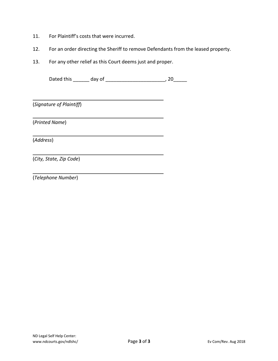 Complaint for Eviction - North Dakota, Page 3