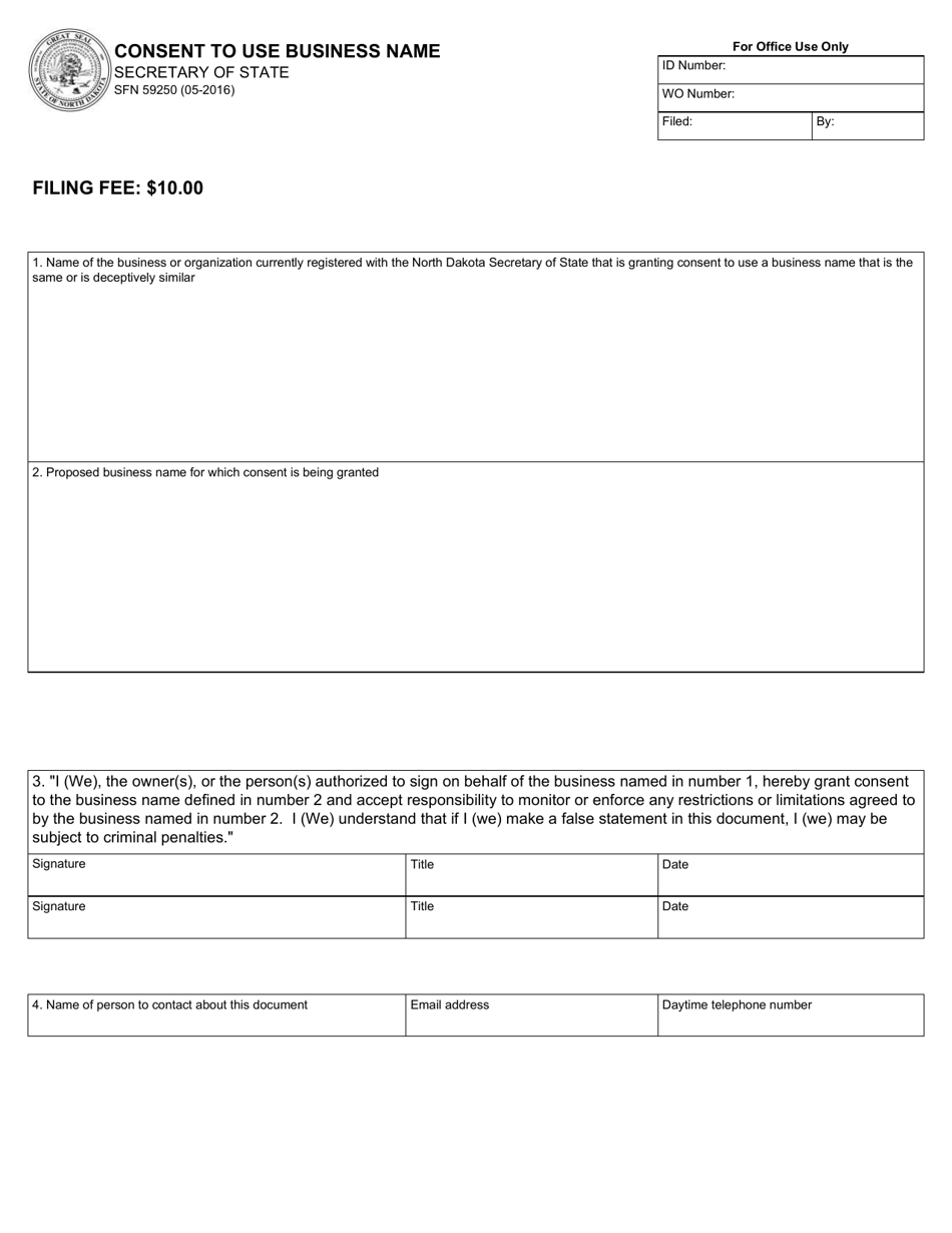 Form SFN59250 Consent to Use Business Name - North Dakota, Page 1