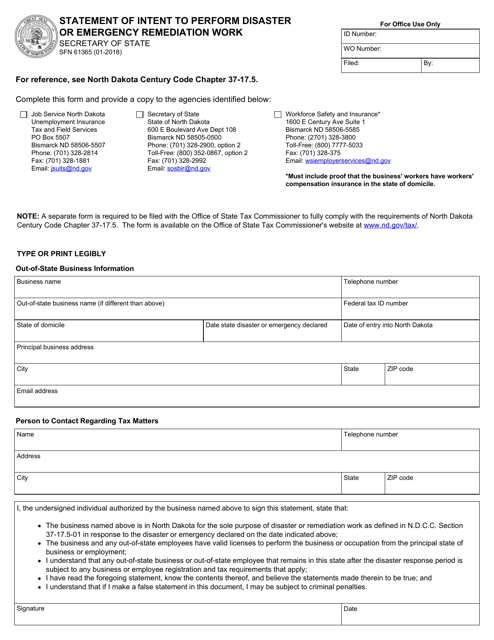 Form SFN61365 Statement of Intent to Perform Disaster or Emergency Remediation Work - North Dakota