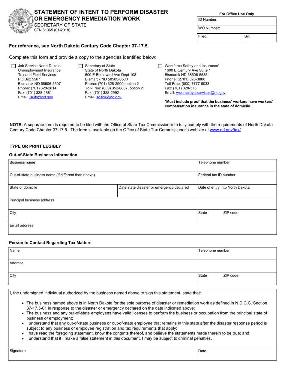 Form SFN61365 Statement of Intent to Perform Disaster or Emergency Remediation Work - North Dakota, Page 1