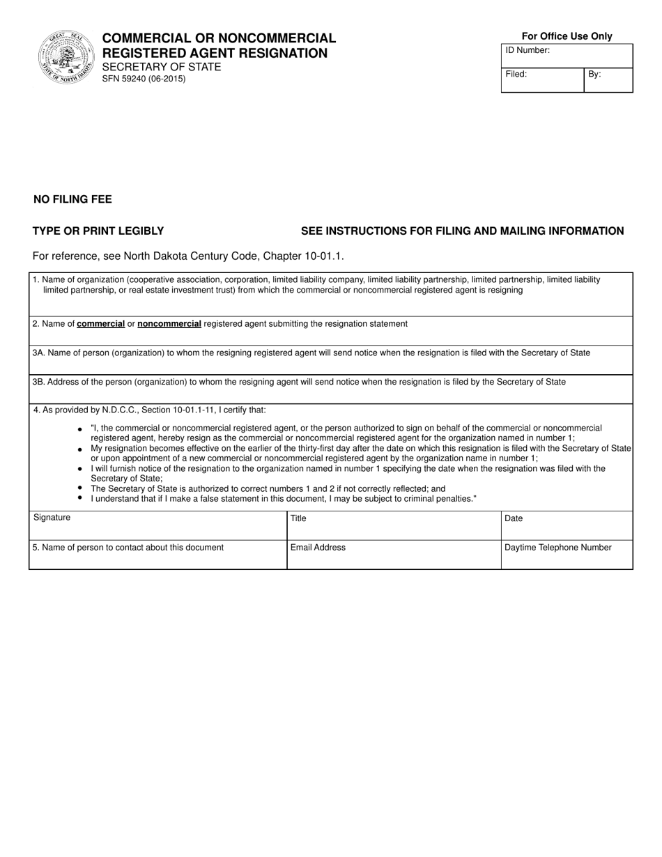 Form SFN59240 Commercial or Noncommercial Registered Agent Resignation - North Dakota, Page 1