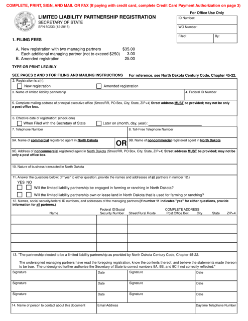 Form SFN-50233 Limited Liability Partnership Registration - North Dakota