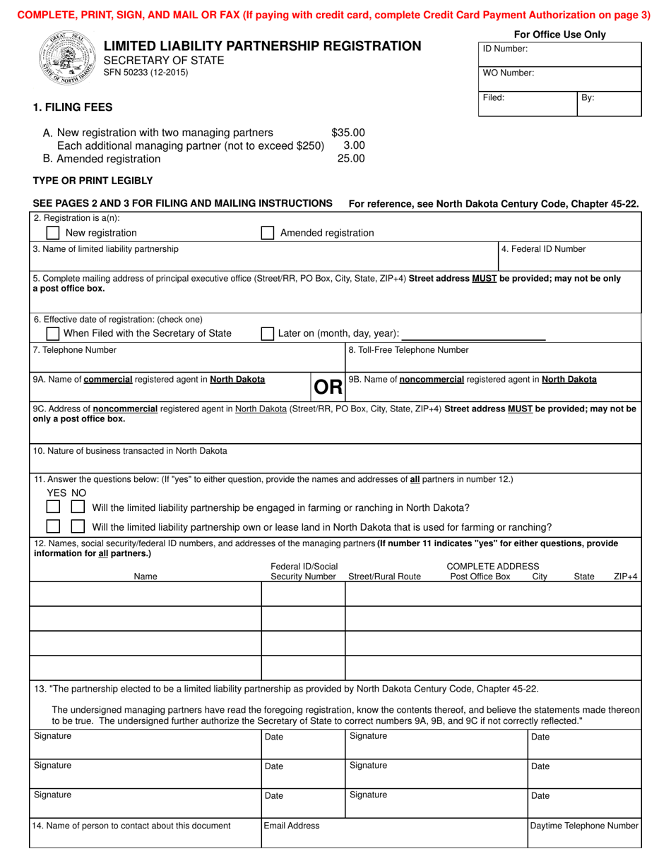 Form SFN-50233 Limited Liability Partnership Registration - North Dakota, Page 1