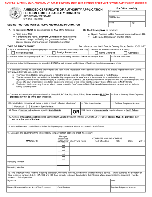 Form SFN51734 Amended Certificate of Authority Application Foreign Limited Liability Company - North Dakota